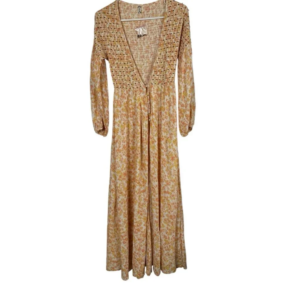 Free People x Intimately Kadence Robe Womens XS Beaded Smocked Maxi Duster Boho - Picture 2 of 9